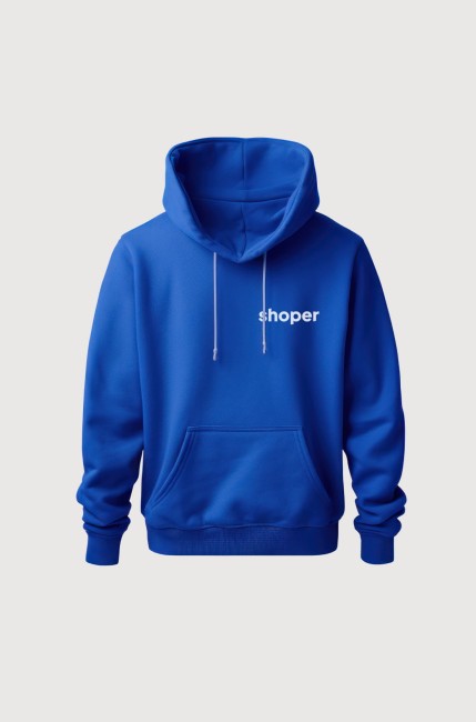 niebieska bluza z kapturem z logo Shoper. Widok z przodu.