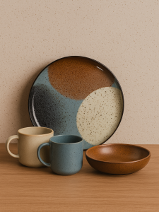 Duży ceramiczny talerz z czarnym rantem oraz  abstrakcyjnym wzorem z w odcieniach brązu, beżu, jasnego błękitu i czerni. Talerz jest zaprezentowany w pozycji pionowej pod lekkim kątem na jednolitym białym tle.
