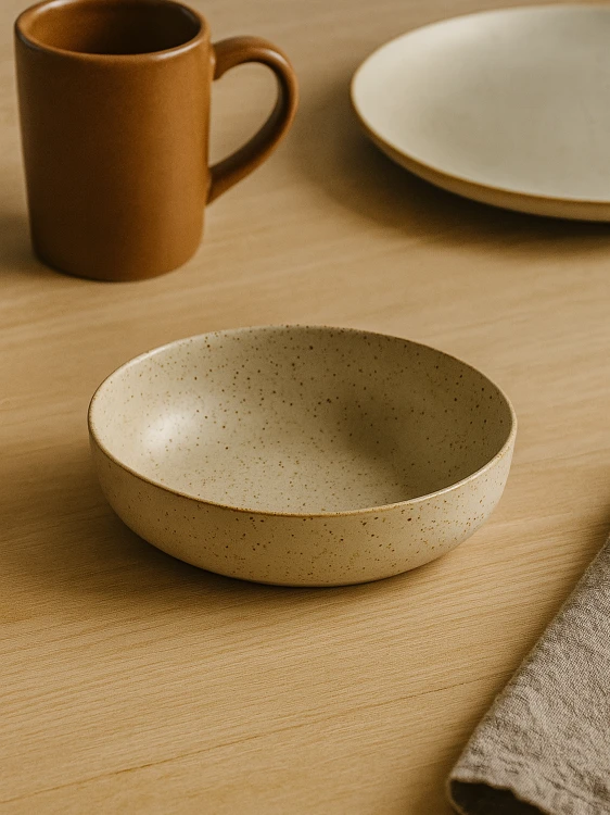 Płytka, nakrapiana beżowa miska ceramiczna stoi na jasnym drewnianym stole. Minimalistyczna aranżacja naczyń obejmuje brązowy kubek, pasujący talerz oraz lnianą serwetkę w tle.