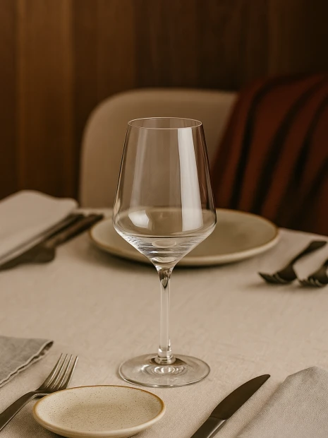 A clear wine glass with a thin stem sits empty on a set table. The setting includes plates and cutlery on a beige tablecloth.