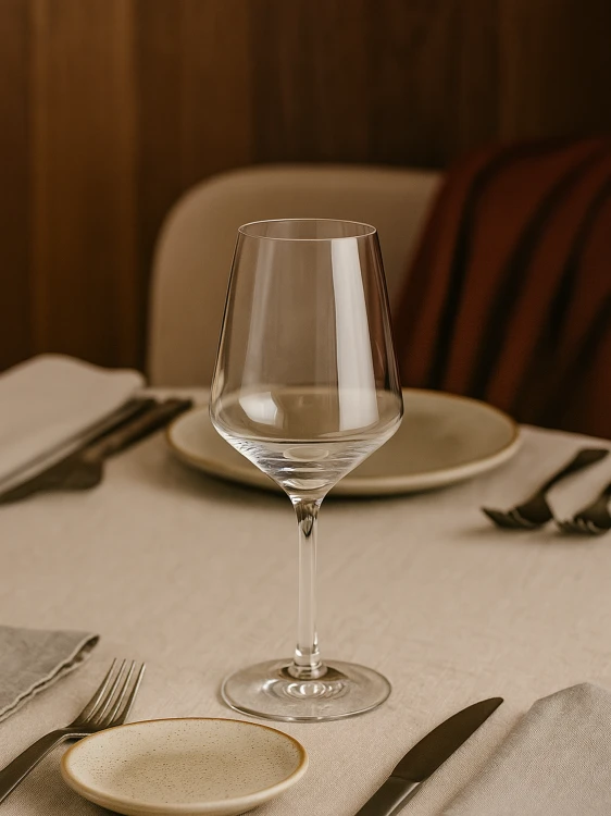A clear wine glass with a thin stem sits empty on a set table. The setting includes plates and cutlery on a beige tablecloth.