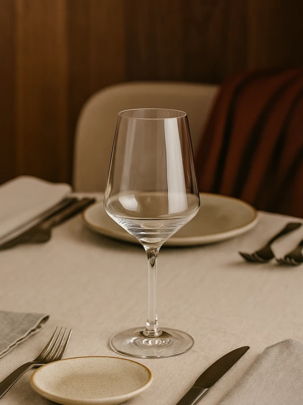 A clear wine glass with a thin stem sits empty on a set table. The setting includes plates and cutlery on a beige tablecloth.