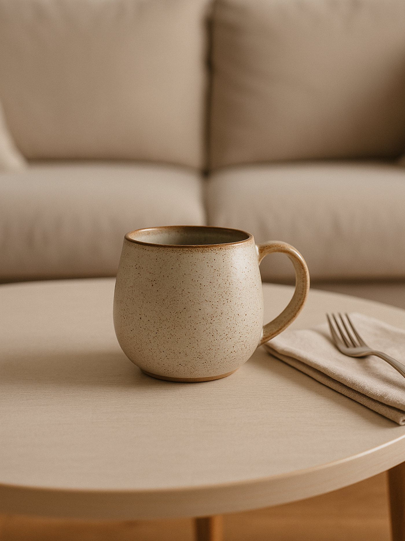 A speckled beige ceramic mug sits on a round wooden coffee table next to a folded napkin and fork. The minimalist setting features a softly blurred, warm cream-colored sofa in the background.